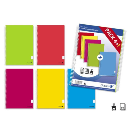 CUADERNO FOLIO TB 60G 80H GOLDEN 4*4 MARGEN COLORES SURTIDOS PACK 4+1 326032 POESSA