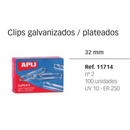 CLIPS APLI 2 BILABIADOS 32MM PLATEADOS C/1000 11714
