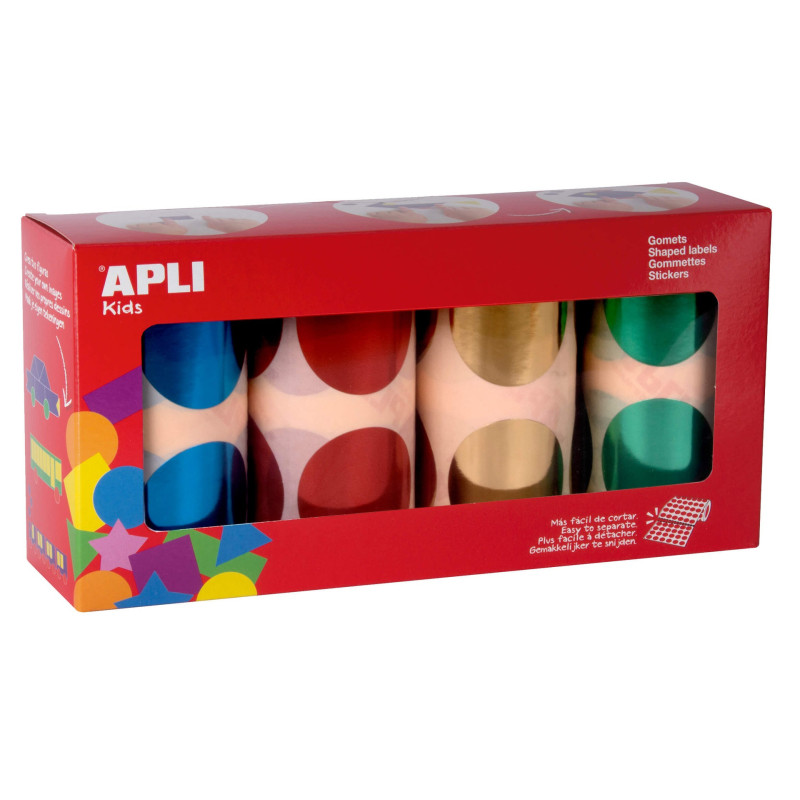 PACK 4 ROLLOS GOMETS XXL REDONDOS Ø 45MM AZ/RO/AM/VE METALIZADOS 1416U APLI 18303