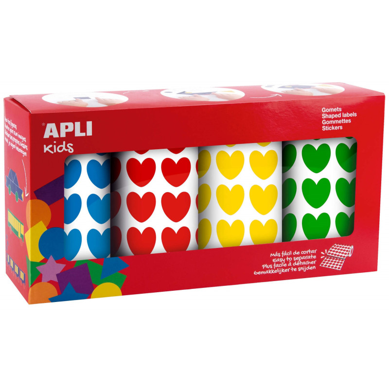 PACK 4 ROLLOS GOMETS CORAZONES AZ/VD/AM/RJ 20X18MM REMOVIBLE 7.080 UDS APLI 19502
