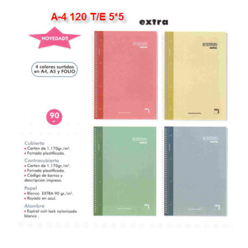 CUADERNO EUROPEAN A-4 120H TE PACSA PREMIUM EXTRA 90G CUADROS 5*5 16481