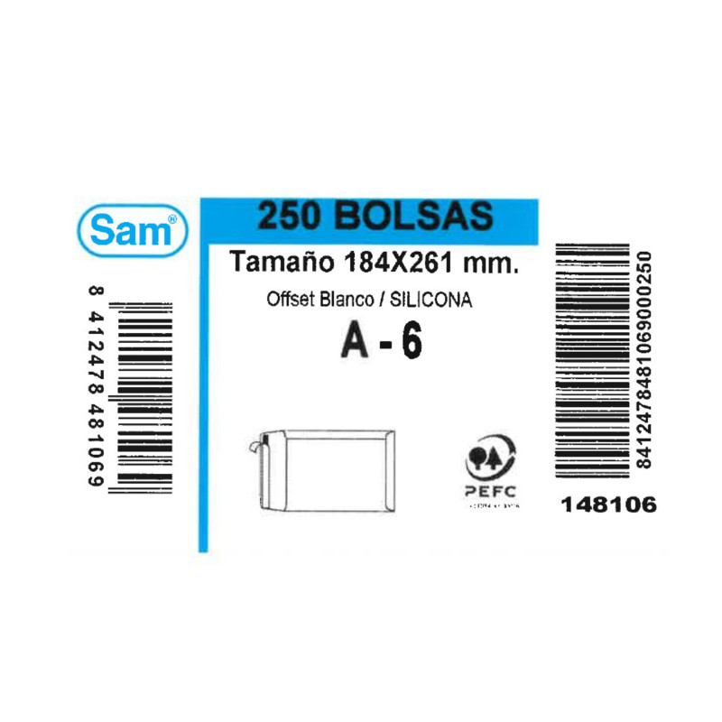 SOBRE SAM BOLSA CUARTILLA PROL BLANCO 184*261 A-6 C/250U