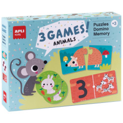 JUEGOS ANIMALES SET DE 3: 1 PUZLE DE 24 PIEZAS, 1 DIMINÓ DE 36 PIEZAS y 1 MEMORY DE 24 PIEZAS APLI