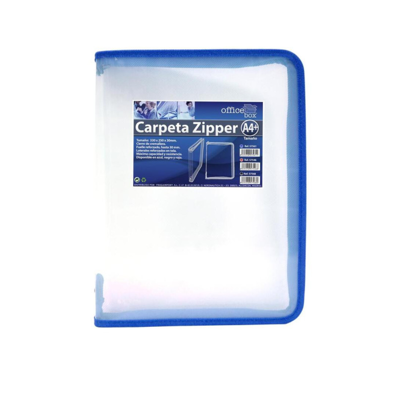 CARPETA A-4 OFFICE BOX ZIPPER TRANSPARENTE CREMALLERA 57561 BORDE AZUL UNIDAD