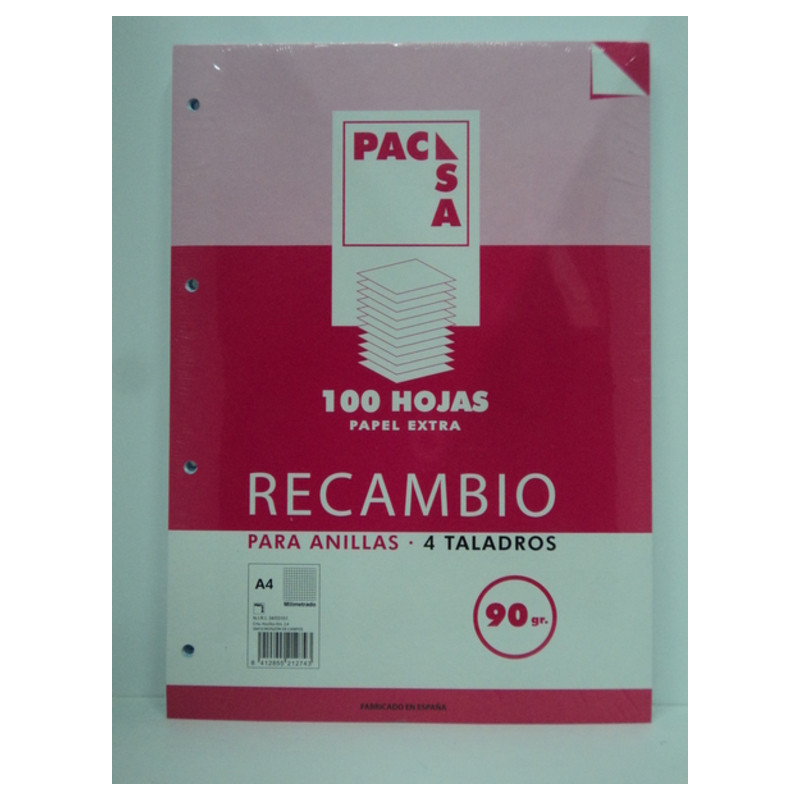 RECAMBIO PACSA A-4 90GR 100H 4 TALADROS MILIMETRADO MARGEN 21274