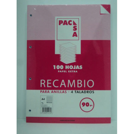 RECAMBIO PACSA A-4 90GR 100H 4 TALADROS MILIMETRADO MARGEN 21274