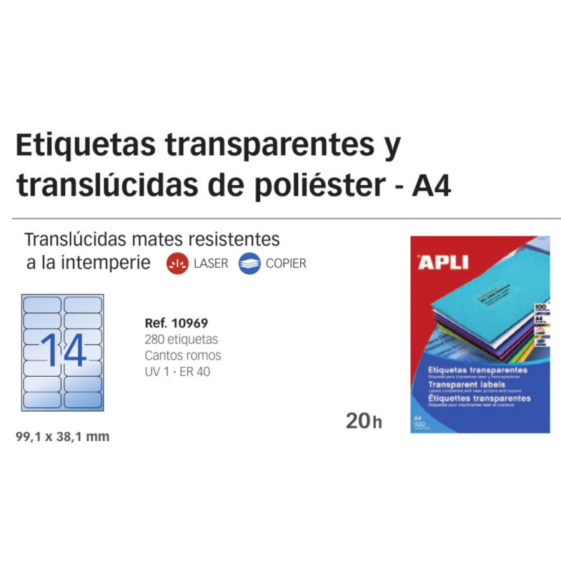 ETIQUETAS APLI L/C A-4 POLIESTER TRANSPARENTE  99.1*38.1 20H 10969