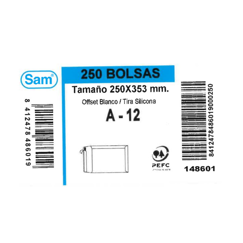 SOBRE SAM BOLSA FOLIO BLANCO 250*353 A-12 C/250U
