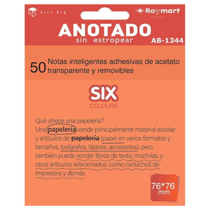 BLOC NOTAS ADHESIVO REMOVIBLE 76*76 50H ACETATO NARANJA ALEX BOG AB-1344 UNIDAD