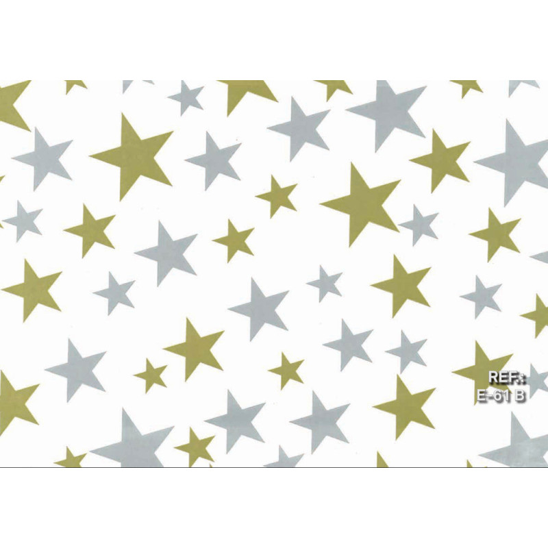 PAPEL REGALO ROLLO 62 SETIMPRES ESTUCADO ESTRELLAS ORO PLATA FONDO BLANCO E61B
