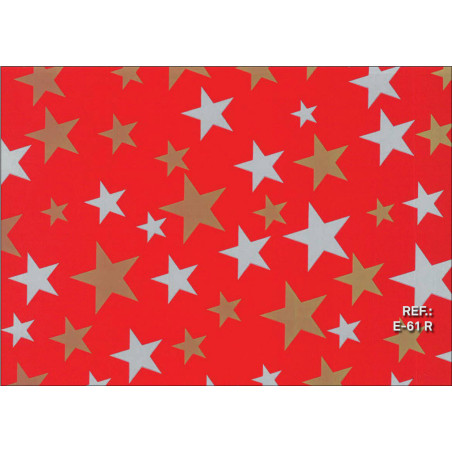 PAPEL REGALO ROLLO 62 SETIMPRES ESTUCADO ESTRELLAS ORO PLATA FONDO ROJO E61R