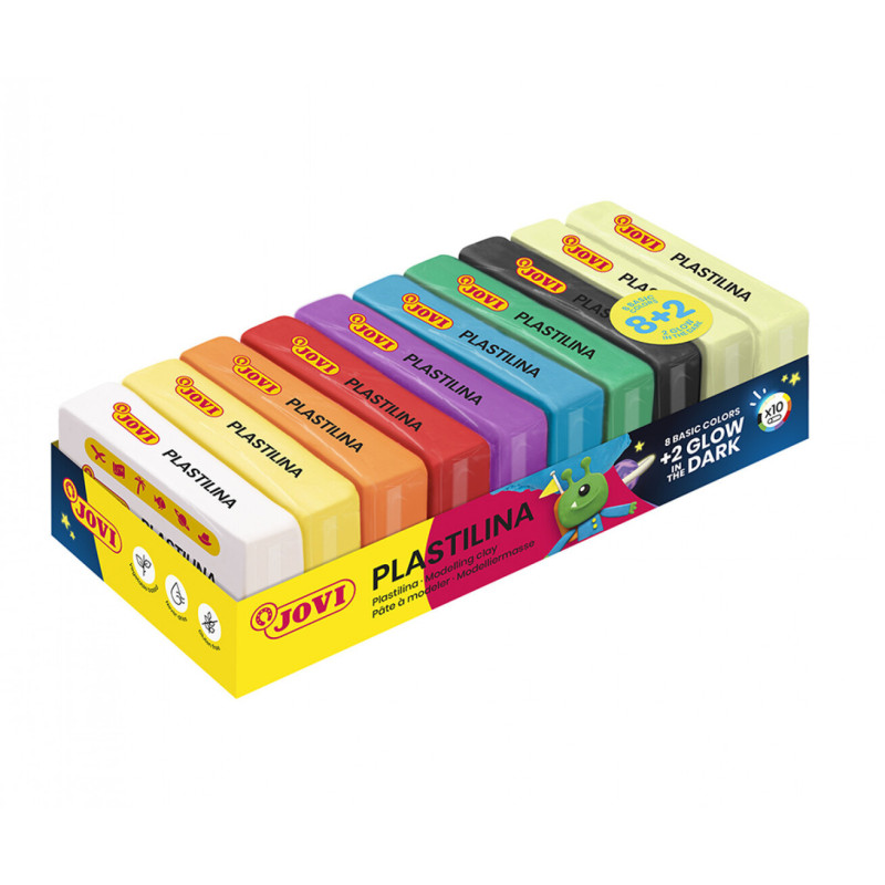 PLASTILINA JOVI BANDEJA 10 PASTILLAS 50G 8 COLORES + 2 FOSFORESCENTES 70/10G UNIDAD