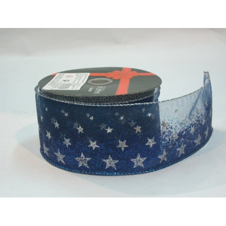 CINTA REGALO SEDA AZUL ESTRELLAS PLATA 60MM 25YD 57138 ^