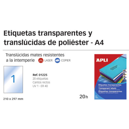 ETIQUETAS APLI L/C A-4 POLIESTER TRANSPARENTE 210*297 20H 1225