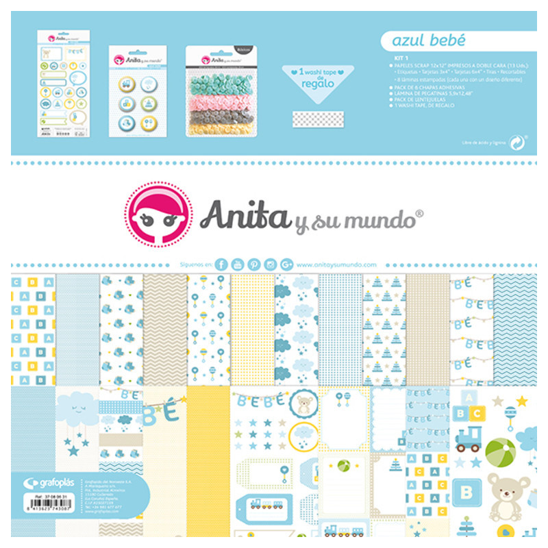JUEGO GRAFOPLAS SCRAPBOOK BOLSA ANITA AZUL BEBE 17 PZAS 37080631