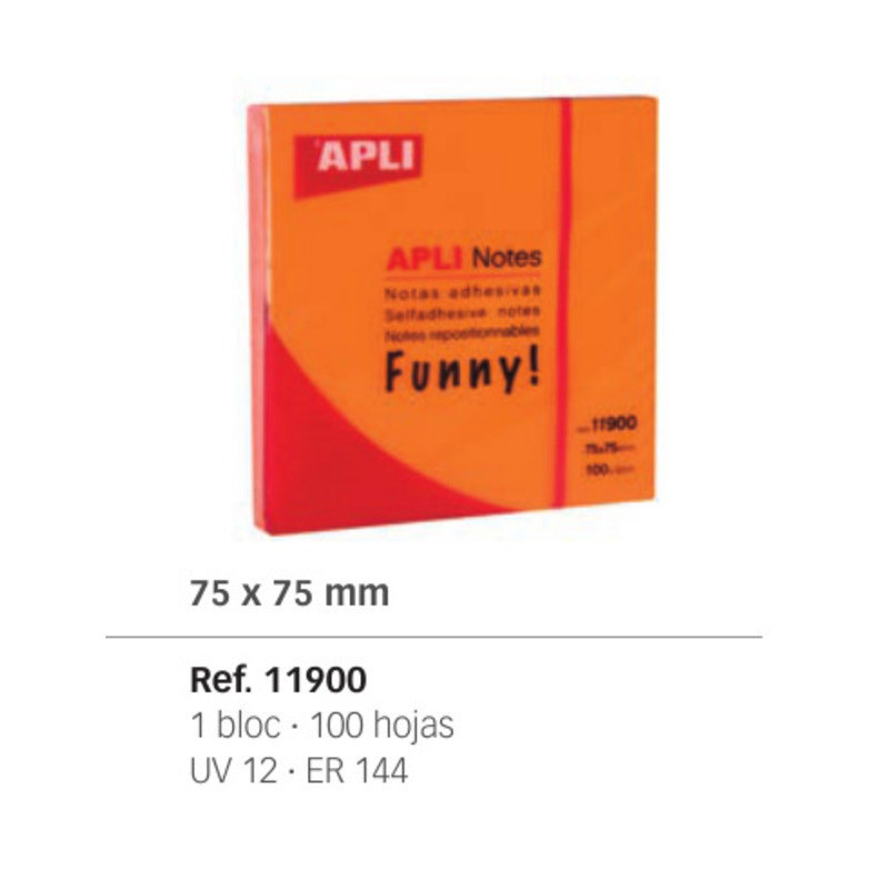BLOC NOTAS ADHESIVO APLI 75*75 FLUOR NARANJA 100H PTE/12U