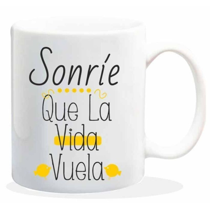 TAZA ALEX BOG CERAMICA MENSAJE SONRIE QUE LA VIDA VUELA HL-014