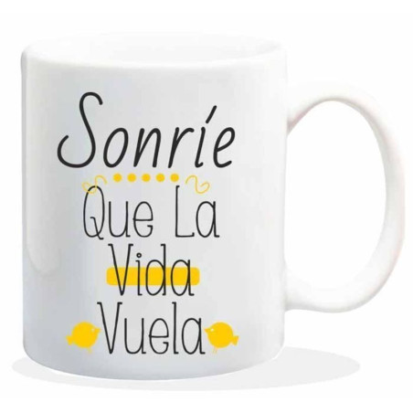 TAZA ALEX BOG CERAMICA MENSAJE SONRIE QUE LA VIDA VUELA HL-014