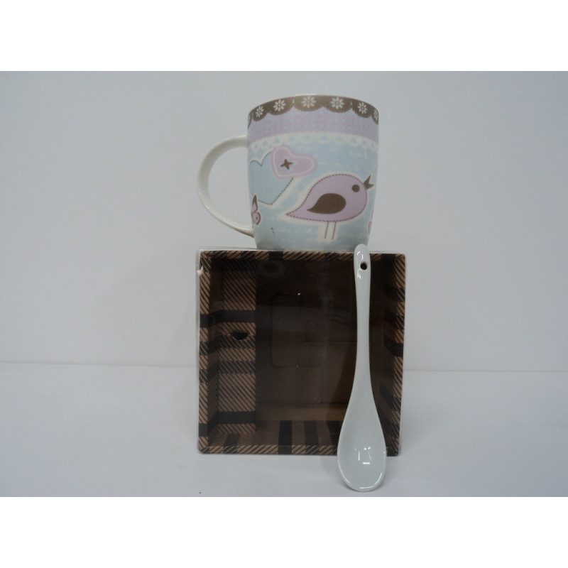 TAZA ARGU CERAMICA C/CAJA Y CUCHARA CAFE PAJAROS 24176