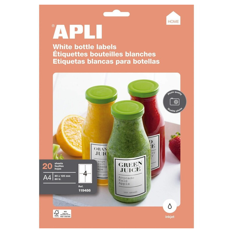 ETIQUETAS INK JET BLANCAS GLOSSY BOTELLAS 80X120 20H APLI20 (1 UN) 119486