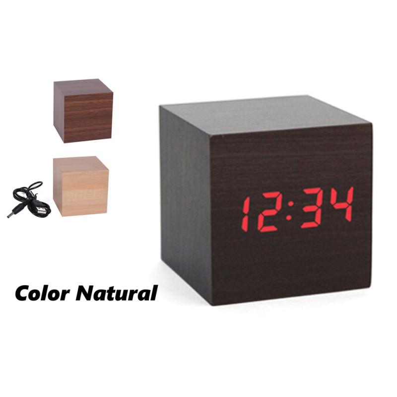 RELOJ CUBO MADERA NATURAL DIGITAL I-TOTAL USB XL0029B ^