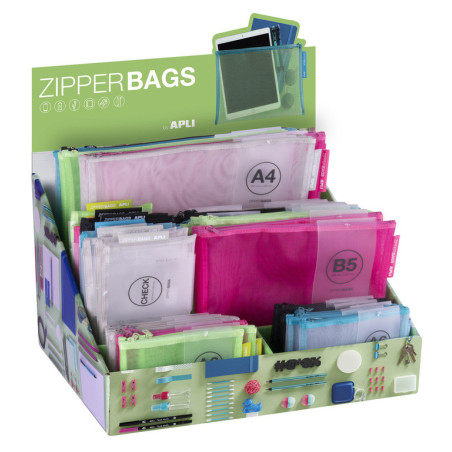 EXPOSITOR ZIPPER BAGS NYLON COL SURTIDO 80U. APLI20 (1 UN) 18023