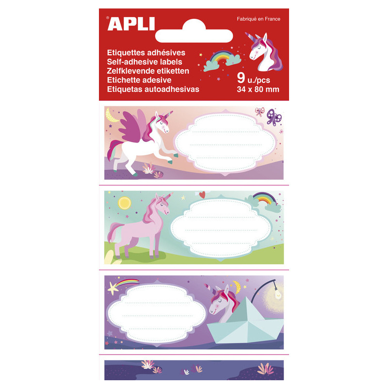 BOLSA 9 ETIQUETAS NOMBRE UNICORNIOS 81X36MM APLI20 (5 UN) 18435
