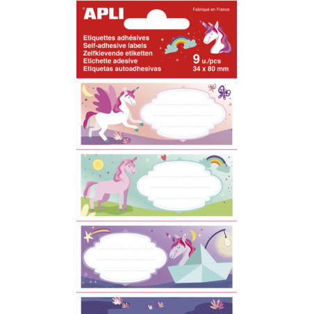 BOLSA 9 ETIQUETAS NOMBRE UNICORNIOS 81X36MM APLI20 (5 UN) 18435