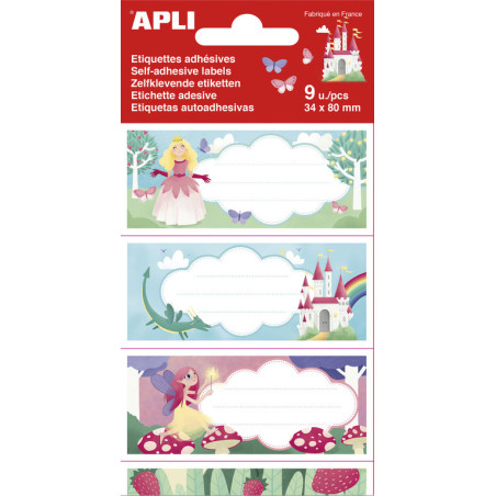 BOLSA 9 ETIQUETAS NOMBRE PRINCESAS 81X36MM APLI20 (5 UN) 18436