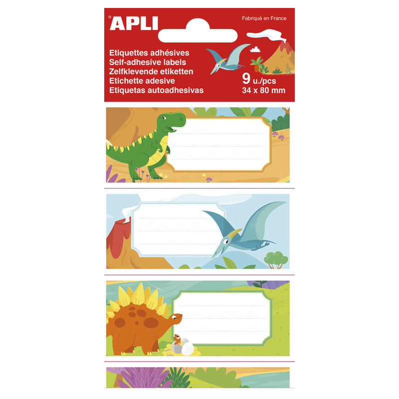 BOLSA 9 ETIQUETAS NOMBRE DINOSAURIOS 81X36MM APLI20 (5 UN) 18439