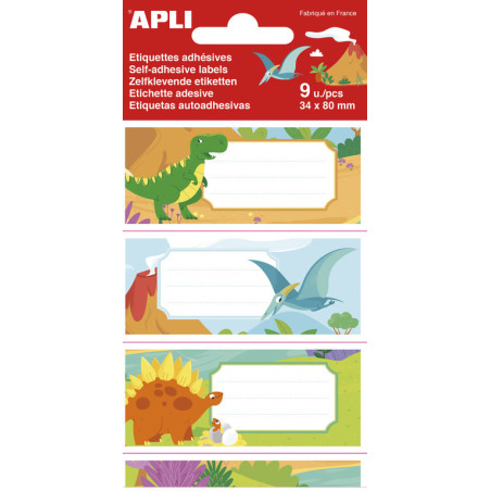 BOLSA 9 ETIQUETAS NOMBRE DINOSAURIOS 81X36MM APLI20 (5 UN) 18439