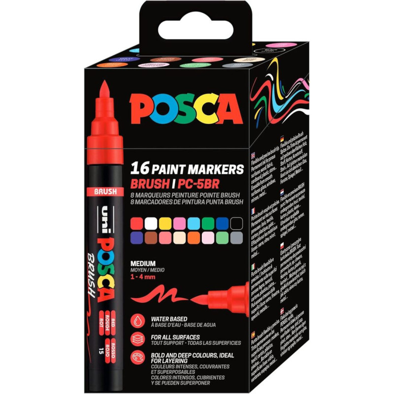 MARCADOR UNI-BALL POSCA PC-5BR CAJA 16U SURTIDAS PUNTA MEDIA SEMIFLEXIBLE 1-4MM 302422410
