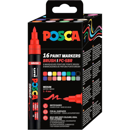 MARCADOR UNI-BALL POSCA PC-5BR CAJA 16U SURTIDAS PUNTA MEDIA SEMIFLEXIBLE 1-4MM 302422410