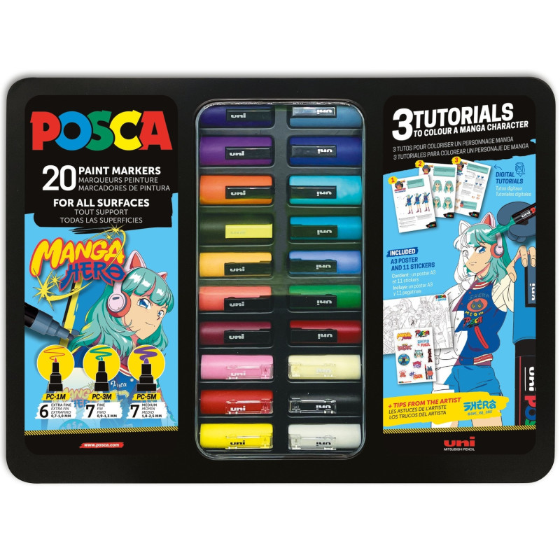 MARCADOR UNI-BALL POSCA 7 PC5M + 6 PC3M + 6 PC1M COLORES SURTIDOS CAJA METAL 20U 302422427 MANGA