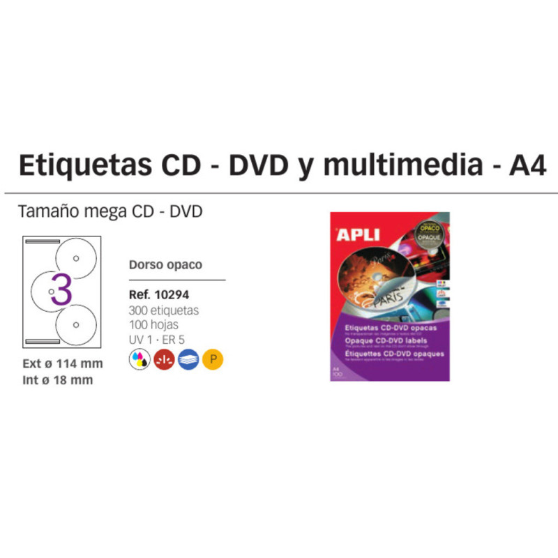 ETIQUETAS APLI I/L/C A-4 CD OPACA MEGA 3*HOJA 100H 10294