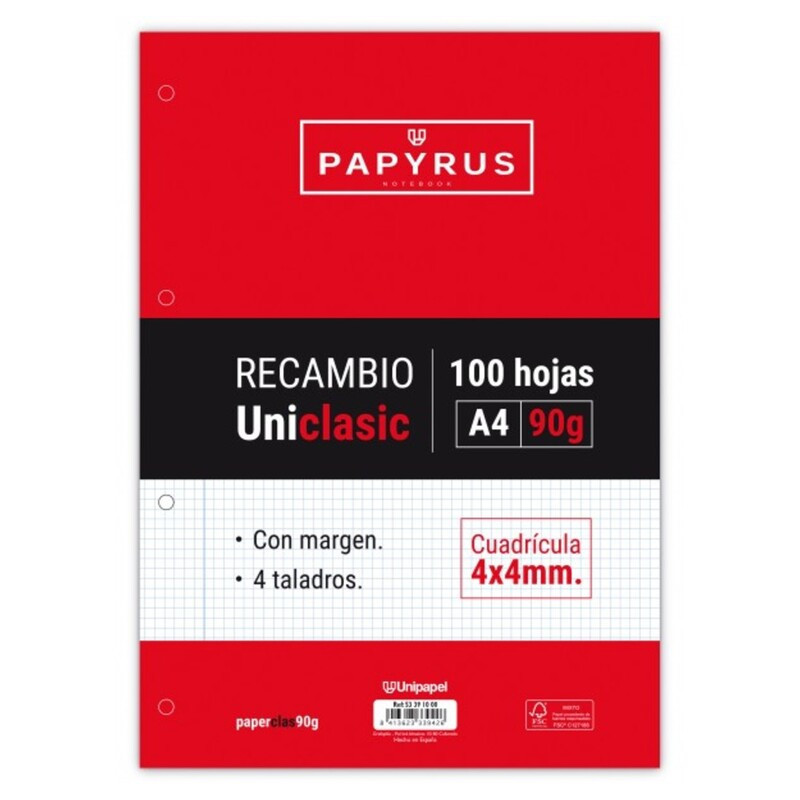 RECAMBIO PAPYRUS UNICLASIC A4 90G CUADRO 4*4 MARGEN PTE 100H 53391000 GRAFOPLAS