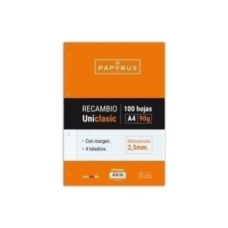 RECAMBIO PAPYRUS UNICLASIC A4 90G MILIMETRADO MARGEN PTE 100H 53391700 GRAFOPLAS