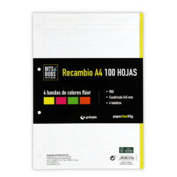 RECAMBIO A4 100H 90G 5*5 GRAFOPLAS 4 BANDAS COLORES FLUOR 53393100