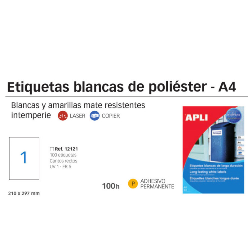 ETIQUETAS APLI L/C A-4 POLIESTER BLANCO INTERPERIE 100H 12121