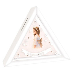 HUCHA COMUNION TRIANGULAR NIÑA ARGU PERSONALIZABLE C/CRISTAL UNIDAD 49506