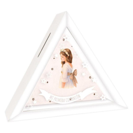 HUCHA COMUNION TRIANGULAR NIÑA ARGU PERSONALIZABLE C/CRISTAL UNIDAD 49506