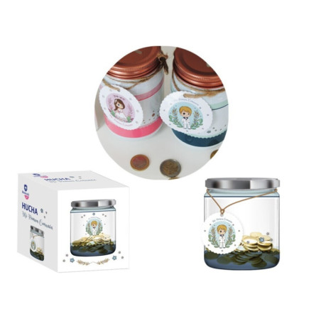 HUCHA COMUNION CRISTAL C/TAPA METAL NIÑO TARJETA COLGANTE 332091 POESSA