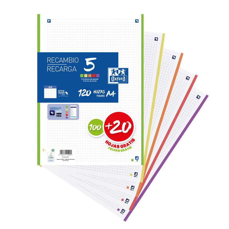 RECAMBIO ENRI A-4 100H 4T OXFORD SCHOOL CUADROS 5*5 C/MARGEN 90GR 5 COLORES VIVOS 400148310