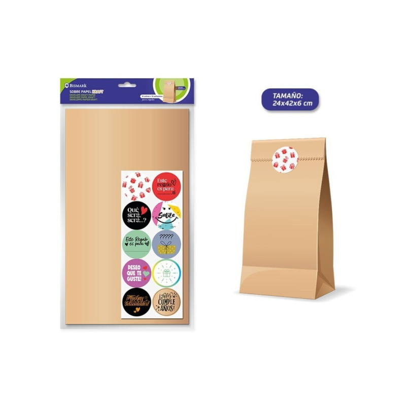 BOLSA PAPEL KRAFT MARRON SIN ASAS BISMARK 24*42*6,5 PACK 10 SOBRES + ADHESIVOS 332428 POESSA
