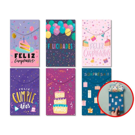 SOBRE FELICITACION PARA DINERO CUMPLEAÑOS 6 MOD SURTIDOS POESSA 332989 C/24U