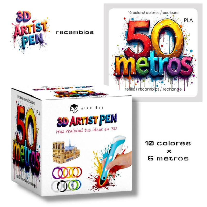 RECAMBIO PARA ROTULADOR IMPRESORA 3D 10 COLORES 50 METROS SURTIDOS ALEX BOG AB-0310
