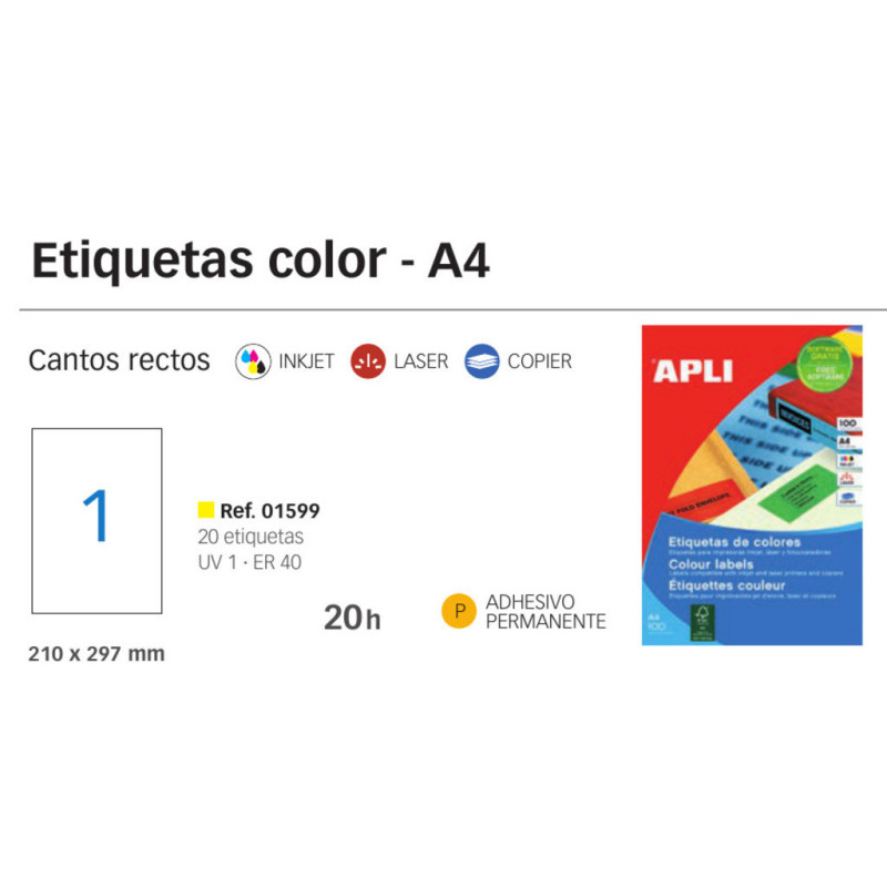 ETIQUETAS APLI I/L/C A-4 COLOR AMARILLO 210*297 20H 01599