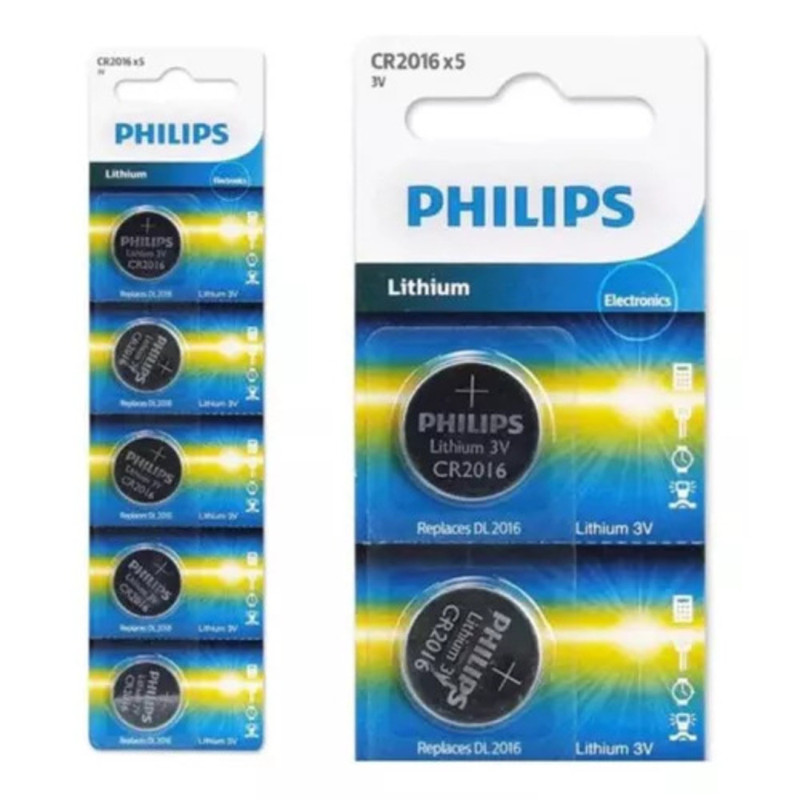 PILA PHILIPS BOTON ALCALINA CR2016 BLISTER 5 UNIDADES CARTON TREPADO CR2016P5