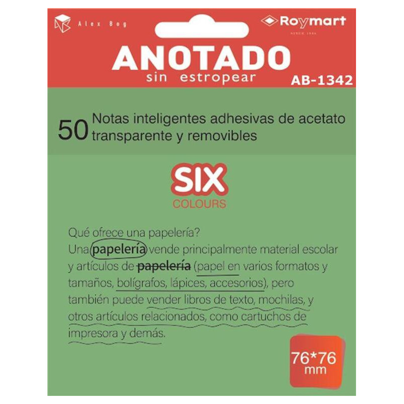 BLOC NOTAS ADHESIVO REMOVIBLE 76*76 50H ACETATO VERDE ALEX BOG AB-1342 UNIDAD