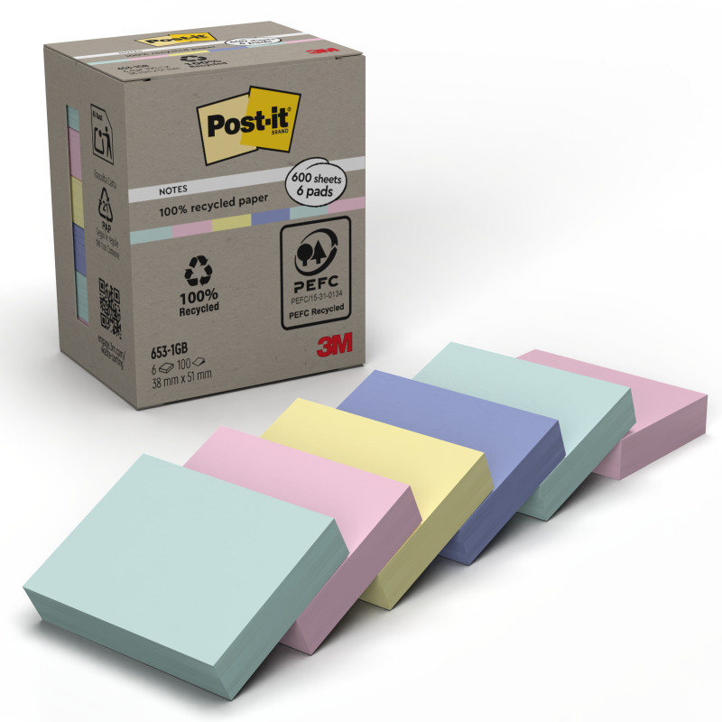 PACK 6 BLOCS 100 HOJAS NOTAS RECICLADAS ADHESIVAS 38X51MM COLORES SURTIDOS CAJA CARTÓN 653-1GB POST-IT 7100259445